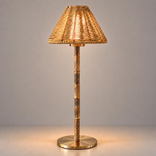 Bamboo Cordless LED Table Lamp – Rechargeable 24-Hour Battery, Dimmable Warm Light, Portable Wireless Lamp with Remote for Indoor/Outdoor Use, Home, Patio, Restaurant – (NATURAL RATTAN), 14.95" Tall by LUXELYKOS
