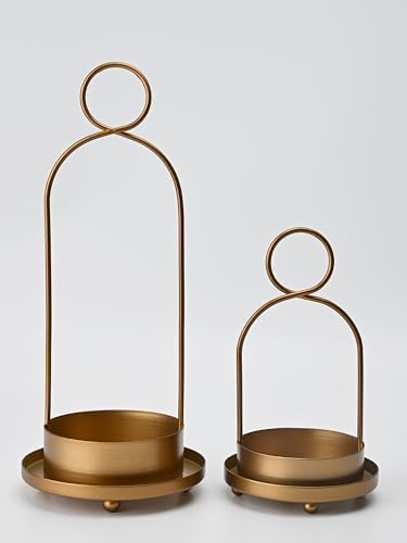 5" & 4" Metal Candle Holder with Ribbed Glass Candle Lanterns Set of 2, Vintage Windproof Hurricane Pillar Candle Holder, Decorative Table Centerpiece Patio Decor, Brass - Image 7