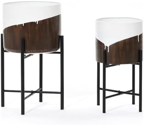 LuxenHome Large Planters with Black Metal Stand, White and Brown, Set of 2 by LuxenHome