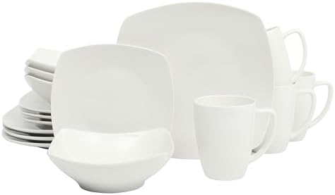 Gibson Home Zen Buffet White Porcelain Dinnerware Set for 4, Square Plates Bowls and Mugs, Chip and Scratch Resistant, Dishwasher and Microwave Safe, 16 Piece by GibsonHomewares