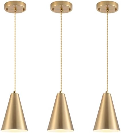 Gold Pendant Lights Kitchen Island,Dining Room Light Fixtures Over Table 3 Pack with Brushed Brass Cone Metal Shade, Modern Farmhouse Mini Chandeliers,Adjustable Cord Hanging Lighting for Bar,Sink by DIJIAHUA