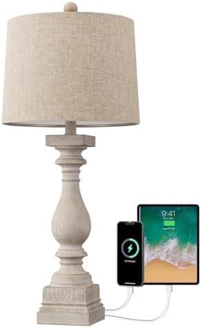 BOBOMOMO Retro 27" USB Charging Ports A/C Wash-White Farmhouse Lamps for Bedrooms Side Table Lamps Bedside Lamp for Nightstand Living Room 1 Pack (Blubs not Included) - Image 2