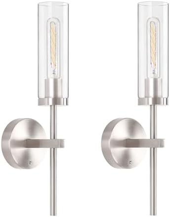 Shenmoyl Battery Operated Wall Sconces Set of 2, Nickel Rechargeable Wall Lighting Fixtures, Dimmable Wall Lights with Remote & Clear Glass Shade for Living Room, Bathroom,Bedroom by Shenmoyl