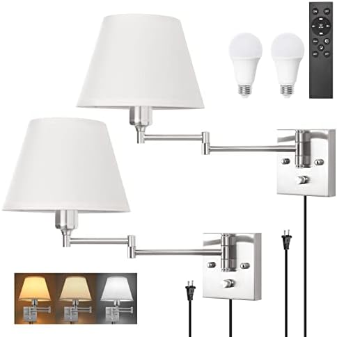 TRLIFE Wall Sconces Plug in, Remote Control Dimmable Wall Sconce and Adjustable Color Temperature 2700K-6500K, Swing Arm Wall Lights with Plug in Cord, 9.4" Medium White Fabric Shade(2 Pack, 2 Bulbs) by TRLIFE
