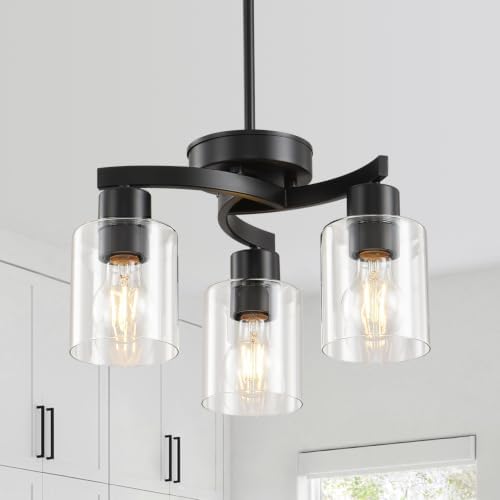 3 Light Black Dining Room Chandelier, Modern Industrial Pendant Light for Kitchen Island, Adjustable Height Hanging Ceiling Light Fixture with Clear Glass Shades,E26 Base,Dimmable - Image 5