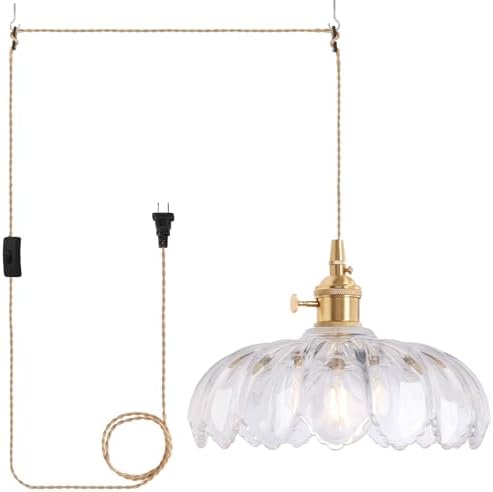 Shenmoyl Plug in Pendant Light Hanging Light Fixtures with Plugin Cord On/Off Switch,Clear Scindapsus Glass Lampshade Brass Pendant Light by Shenmoyl