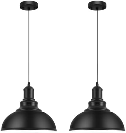 2PCS Matte Black Pendant Lights, Farmhouse Pendant Lamp with Metal Shade (White Inside), Industrial Pendant Lighting for Kitchen Island, Dining Room, Bedroom, Hallway, 316-2 by MgLoyht
