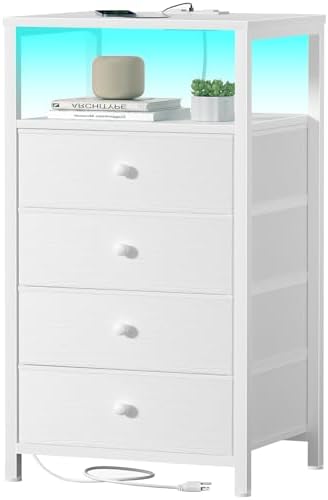 BOLUO Tall Night Stand with Drawers, White Nightstand with Charging Station and LED Light, Small White 4 Drawer Dresser for Bedroom, Room Storage Closet by BOLUO