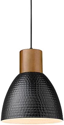 ELYONA Industrial Hammered Pendant Light 7” Small Solid Wood Hanging Lamp with Hammered Metal Shade, Farmhouse Pendant Light Fixtures for Kitchen Island, Dining Room, Bedroom, Office, Modern Black by ELYONA