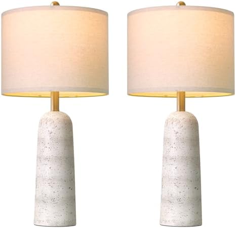 BOBOMOMO 27.25" Modern Table Lamp Set of 2, White Resin Table Lamps with Stone Look, Lamps for Living Room with Linen Shades, Bedside Lamps for Bedroom, Nightstand, Entryway - Image 2