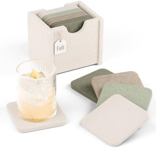 Fluxynara Felt Coasters with Holder, Set of 8 for Drinks, Linen Dusk by FLUXYNARA