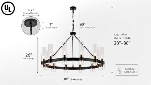 38 Inch Black Wagon Wheel Chandelier with Glass Shade, 12 Lights, Modern Farmhouse Style, Ideal for Dining Room, Kitchen, Entryways - Image 2