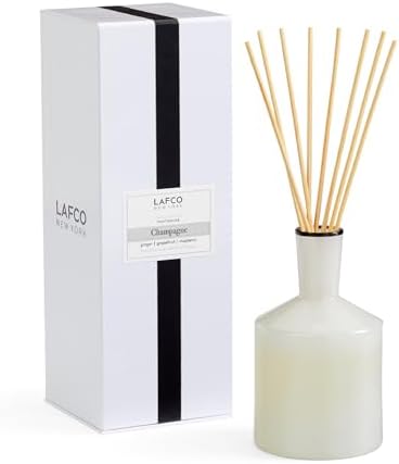 LAFCO New York Classic Reed Diffuser, Champagne - 6 oz - Up to 3 Months Fragrance Life - Reusable, Hand Blown Glass Vessel - Natural Wood Reeds - Made in the USA by LAFCONewYork