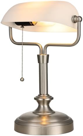 Traditional Banker's Desk Lamp with Glass Shade,Pull Chain Switch, LED Bulb Included (Satin Nickle+White) by LOFOB