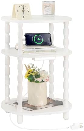 MaxSmeo White Side Table with Charging Station, 3-Tier Small Oval End Table with USB Ports and Outlets, Modern Night Stand Wood Accent Table for Living Room, Bedroom, White by MaxSmeo