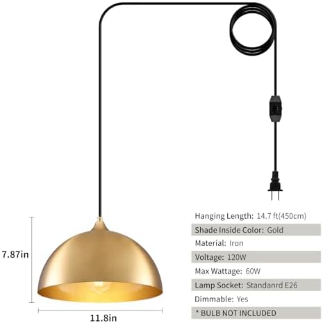 Plug in Hanging Light 2 Packs 11.8inch, Gold Hang Lamp Plug in, Farmhouse Pendant Light, Pendant Lights Kitchen Island, Hanging Lights with Plug in Cord 14.ft - Image 3