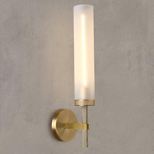 20" Knurled Brass Bathroom Wall Sconces,Frosted Glass Tube Brass Sconces Wall Lighting,Handmade Modern Hardwired Wall Sconce for Vanity,Mirror,Bedroom,Living Room,Hallway by ZHFLT