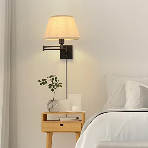 TRLIFE Dimmable Wall Sconce Plug in, Wall Sconces Set of Two Swing Arm Wall Lights with Plug in Cord and On/Off Dimmer Rotary Switch, 11.8" Large Beige Fabric Shade(2 Pack, 2 Bulbs Included) - Image 6