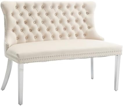 Beige Velvet Dining Bench with Back, Tufted Banquette Seating, Silver Legs by Shenyon