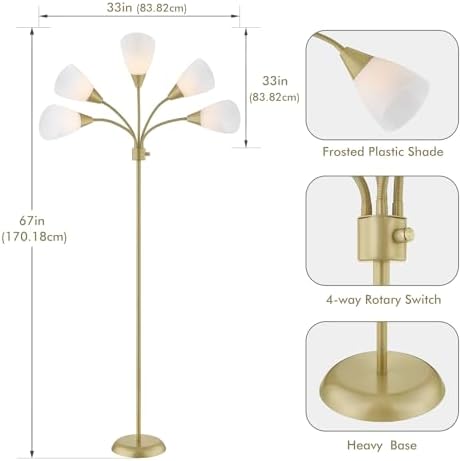 Medusa Modern Decor Floor Lamp, Multi Head Adjustable Gooseneck Bright Light Lamps for Reading, White Shades Tall Standing Tree Floor Lamps for Living Room Bedroom Office Kids Classroom, Gold - Image 2