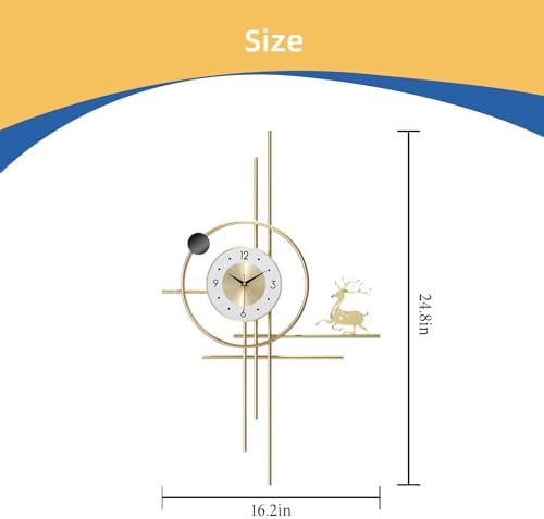 Modern Gold Wall Clock Large Decorative Deer Wall Clock, Minimalist Geometric Metal Art Hanging Clock for Living Room, Entryway, Office, Fireplace Decor, Silent Non-Ticking Battery Operated 23x38'' - Image 2