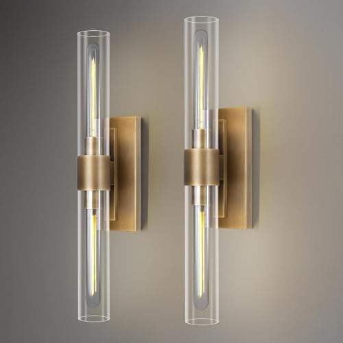 Brass Wall Sconces, 22.8" Bathroom Wall Sconce, Antique Brass Wall Sconces Set of 2, 2-Light Dimmable Wall Sconce, Sconces Wall Lighting With Glass, Bathroom Vanity Light, Tube Sconce for Living Room by Joyunleo