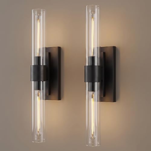 Black Wall Sconces, 22.8" Bathroom Sconces, Sconces Wall Lighting 2-Light, Bronze Wall Sconces Set of Two, Vanity Lights Tube Sconce, Glass Wall Sconce for Living Room, Bedroom, Hallway by Joyunleo