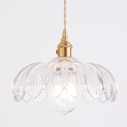 Shenmoyl Pendant Light with Clear Scindapsus Glass Lmapshade, Brass Vintage Pendant Light Adjustable Hanging Light for Kitchen Island Dining Room Hallway by Shenmoyl
