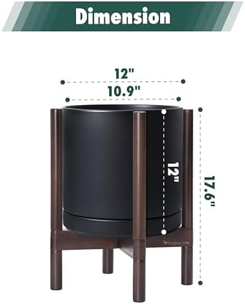D'vine Dev Ceramic Pot with Walnut Wood Stand, Black, 12 in, 55-B-W-2 - Image 3