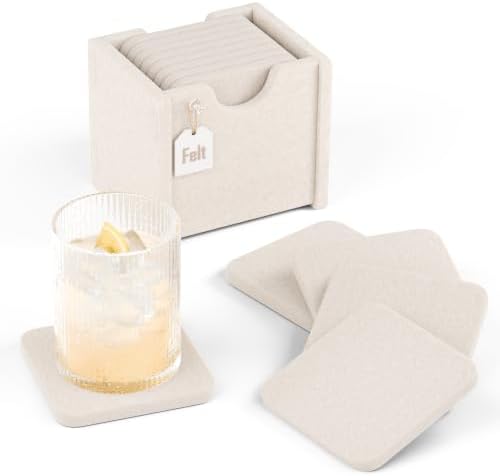 Fluxynara Felt Coasters with Holder, Set of 8 for Drinks, Oatmeal by FLUXYNARA