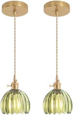 Shenmoyl Pendant Light 2 Pack with Green Tulip Glass Lmapshade, Brass Vintage Pendant Light Adjustable Hanging Light for Kitchen Island Dining Room Hallway by Shenmoyl