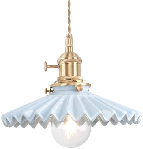 Shenmoyl Pendant Light with Blue Pleated Ceramic Lmapshade, Brass Vintage Pendant Light Adjustable Hanging Light for Kitchen Island Dining Room Hallway by Shenmoyl