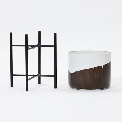 LuxenHome Large Planters with Black Metal Stand, White and Brown, Set of 2 - Image 6