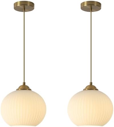KCO Mid Century Modern Gold 7.9” Ribbed White Glass Pendant Light Set of 2 by KCOLighting