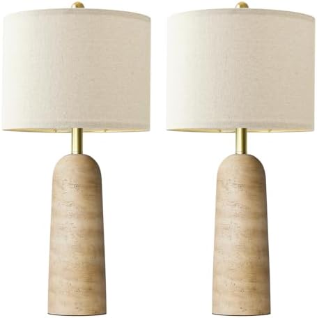 BOBOMOMO Modern Table Lamp Set of 2, Warm Beige Resin Lamp with Natural Stone Look, 27.25" Lamps for Living Room with Linen Shades, Bedside Lamp for Bedroom, Living Room, Nightstand, Entryway by BOBOMOMO