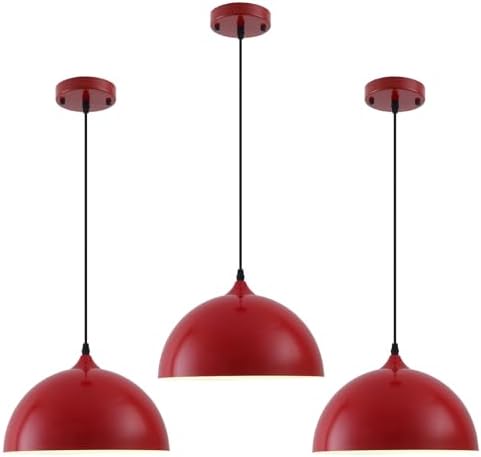 Industrial Pendant Light Fixtures,11.8" Red Dome Pendant Light Over Kitchen Island 3 Pack, Adjustable Vintage Ceiling Hanging Lamp for Bedroom Restaurant Bar Cafe Dining Room Sink by PINDODO