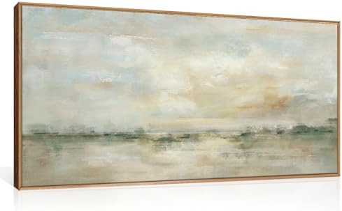 LHIUEM Large Abstract Green Gray Pastel Framed Canvas Wall Art,Neutral Landscape Wall Decor,Modern Watercolor Lake Artwork,Beige Textured Illustrations Art for Living Room,Bedroom,Office- 20"x40"x1 by LHIUEM
