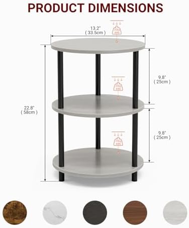 XBurmo Small Round End Table - 3 Tier Design Accent Table, Narrow Side or Bedside Stand, Industrial Vintage Nightstand for Bedroom, Living Room, or Small Spaces, Set of 2, Greige - Image 2