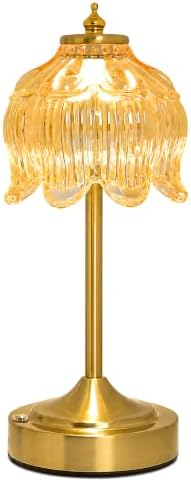 Lotus Flower Table Lamp, Cordless Rechargeable Amber Glass Bedside Lamp | 3600mAh Battery, Touch Control, 3 Color Modes & Stepless Dimming for Bedroom, Nightstand Golden 1PC by Unknown
