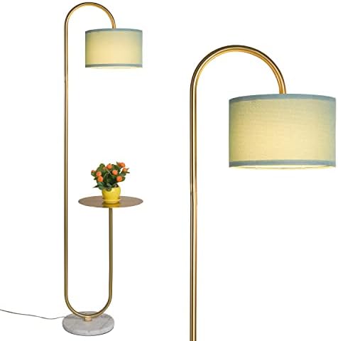 Hsyile KU300272 Arc Floor Lamp with Hanging Drum Shade for Living Room-Marble Base Modern Tall Stand Up Light with Table, Contemporary Over The Couch Gold Lamp Standing Lamps for Bedroom Office by Hsyile