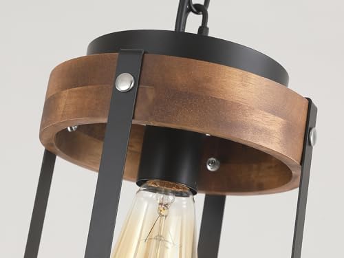Rustic Farmhouse Wood Pendant Light Fixture One-Light Adjustable Chain Oak Wood and Metal Lantern Drum Small Pendant Lighting for Kitchen Island Sink Hallway Farmhouse Bathroom Bar, Black - Image 6
