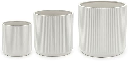 Amazon Basics Fluted Ceramic Planters for Indoor Outdoor Plants, Round Flower Pots with Drainage Hole, Set of 3, 6 inch, 8 inch, 10 inch, White by AmazonBasics