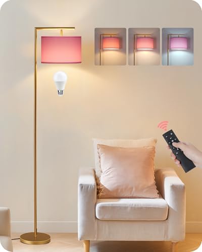 Modern Gold Arc Floor Lamp, Corner Tall Lamp with Remote, Arched Reading Light with Fabric Shade, Floor Lighting for Living Room, Bedroom, Office, Study, Pink, LED Bulb Included, DP11LD05 by GOEBLESON
