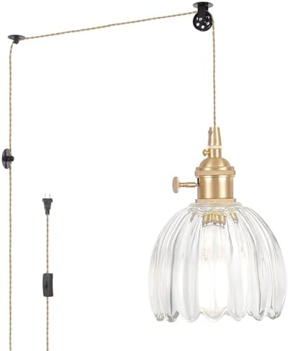 Shenmoyl Plug in Pendant Light Hanging Light Fixture Corded On/Off Switch Brass Pendant Light with Clear Tulip Glass Lampshade for Bedroom Living Room Kitchen Island by Shenmoyl