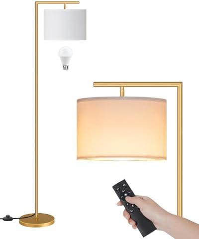 Gold Dimmable Floor Lamp, Modern Arc Lamp with Remote, Standing Corner Light with Lampshade, Tall Reading Lighting for Bedroom, Living Room, Office, Den, White, LED Bulb Included, DW11LD05 by GOEBLESON