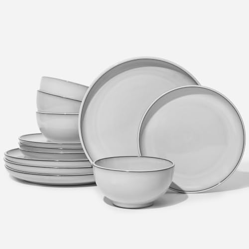 Pokini Stoneware Dinnerware Sets for 4, 12pcs Plates and Bowls Sets Dishes by Pokini
