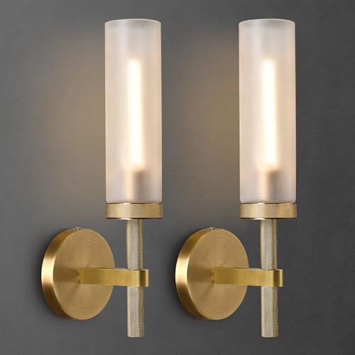 15" 2 Pc Knurled Brass Bathroom Wall Sconces,Frosted Glass Tube Brass Sconces Wall Lighting,Handmade Modern Hardwired Wall Sconce for Vanity,Mirror,Bedroom,Living Room,Hallway by ZHFLT