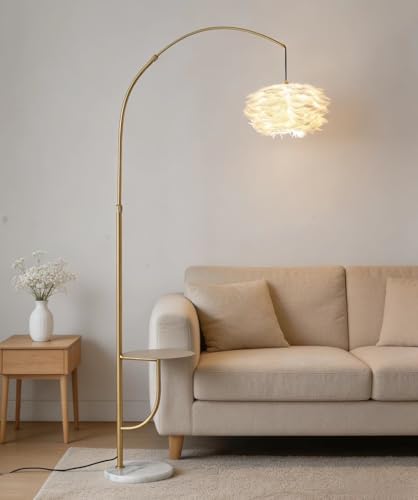 Arc Floor Lamp with Side Table, White Feather 3 Color Temperature Standing Light, Modern Minimalist Reading Lamp for Living Room Bedroom Sofa Bedside - Image 6