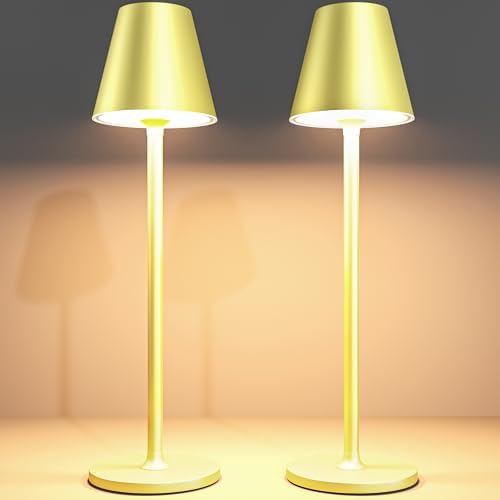 Timjorman 2-Pack Cordless Table Lamps - 5000mAh Rechargeable Battery Operated Desk Lamp, 3-Level Dimmable LED Night Light for Bedroom, Dining, Restaurant - Metal Design (Champagne Gold 2Pack) by Timjorman