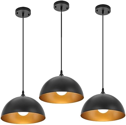 Industrial Pendant Light Fixtures,11.8" Black Dome Pendant Lights,Adjustable Vintage Hanging Lamp for Kitchen Island Restaurant Bar Cafe Dining Room Sink,3 Pack by PINDODO